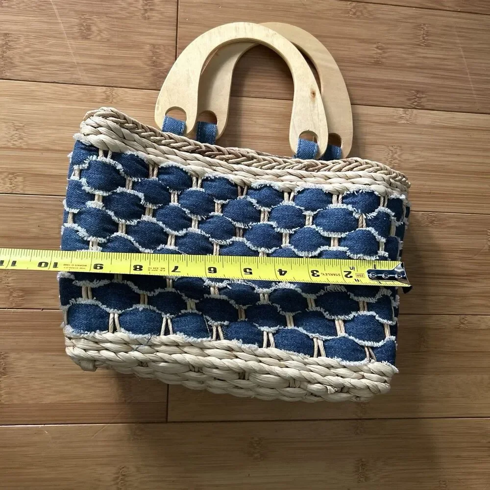 Faded Glory Woven Paper & Denim Mini Purse Wood Handle